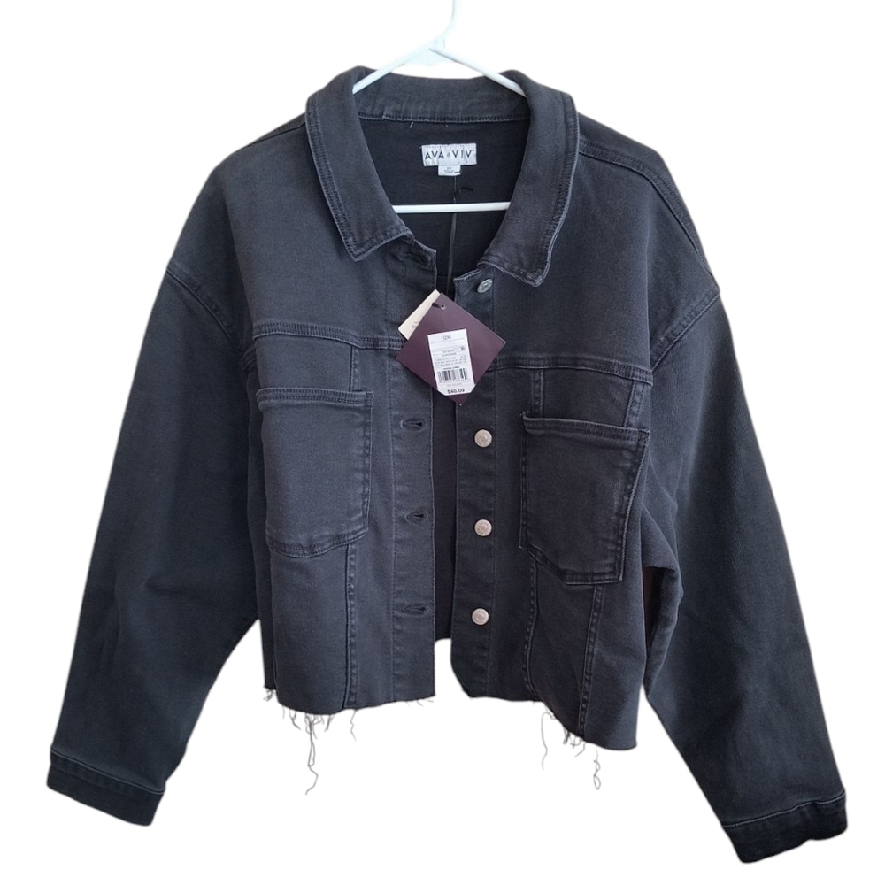 NWT AVA & VIV Black Cropped Raw Hem Denim Jacket Size 2X
